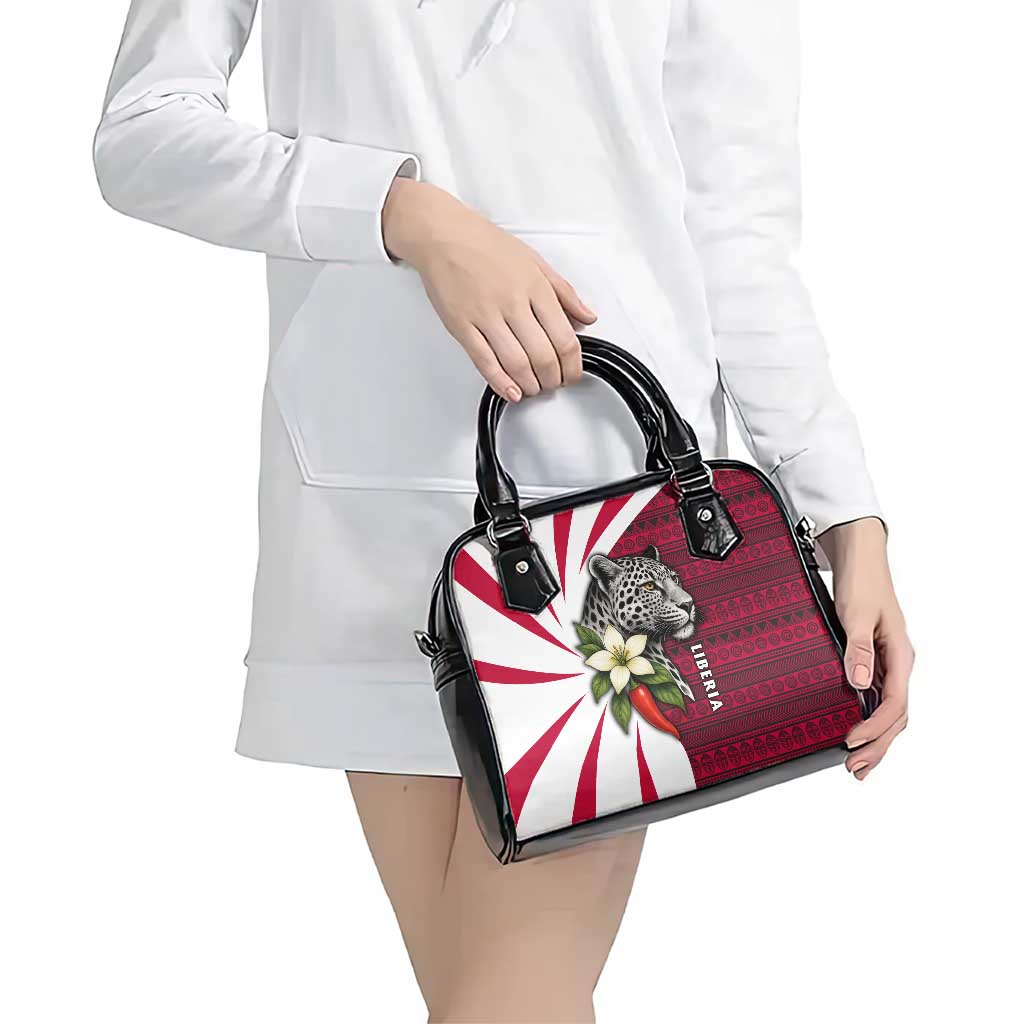 Liberia Shoulder Handbag with Leopard Head, White Lily, and Red Chili Tribal Design TS04