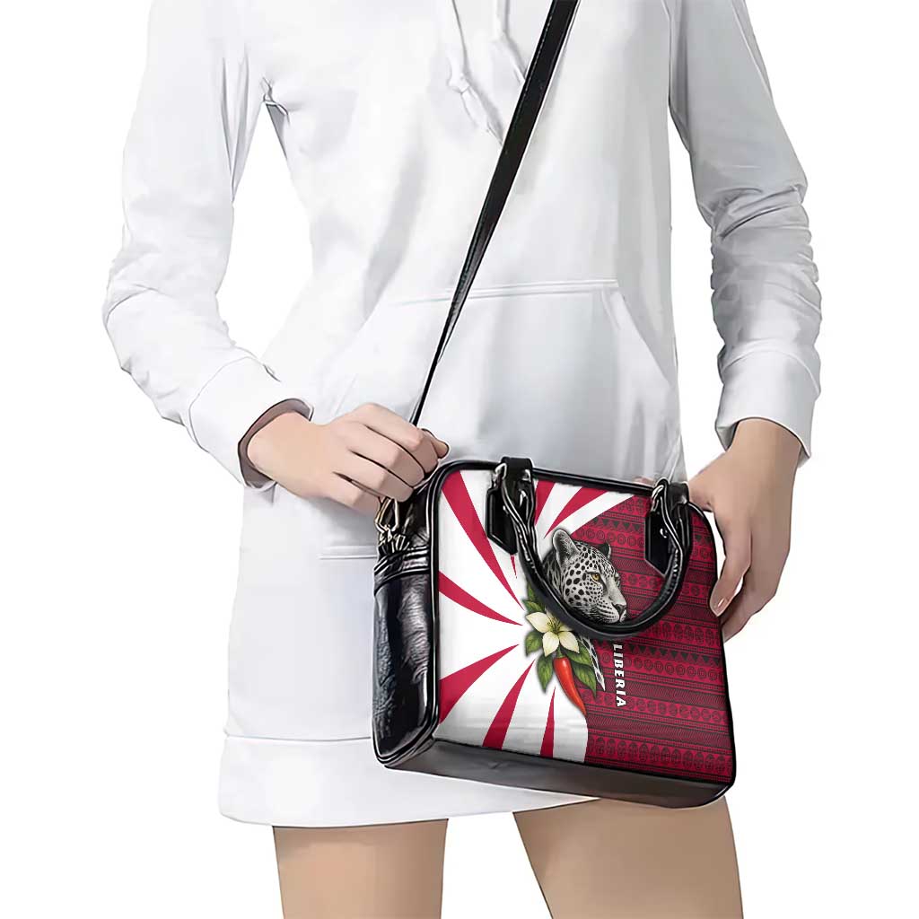 Liberia Shoulder Handbag with Leopard Head, White Lily, and Red Chili Tribal Design TS04