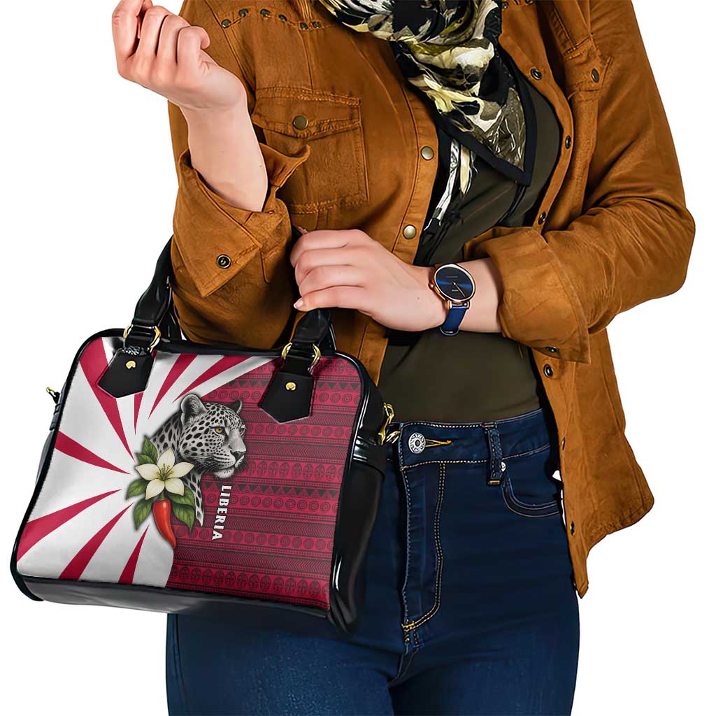 Liberia Shoulder Handbag with Leopard Head, White Lily, and Red Chili Tribal Design TS04