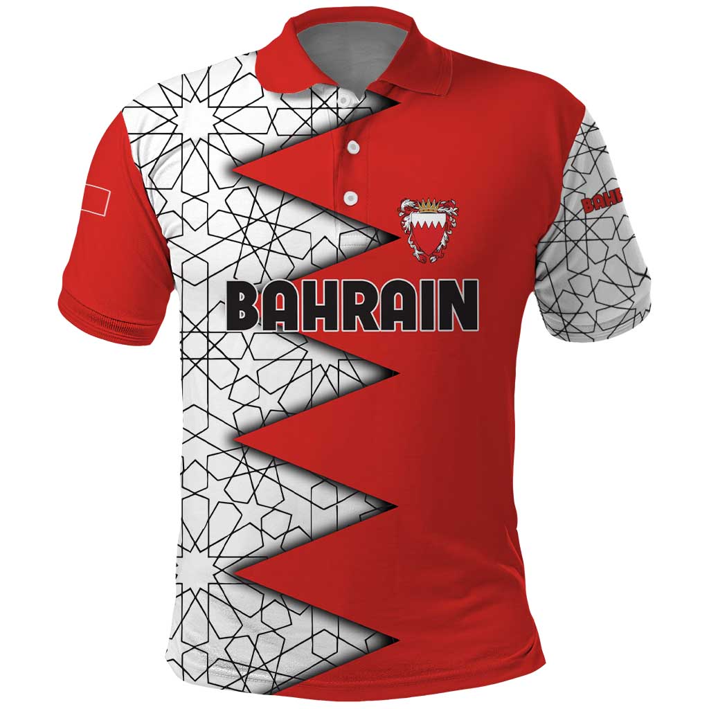 Bahrain Shield Design Polo Shirt with Arabesque Tile Motif in Red TS04