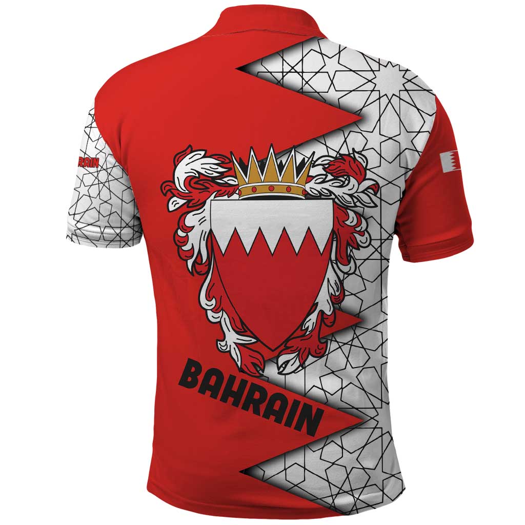 Bahrain Shield Design Polo Shirt with Arabesque Tile Motif in Red TS04