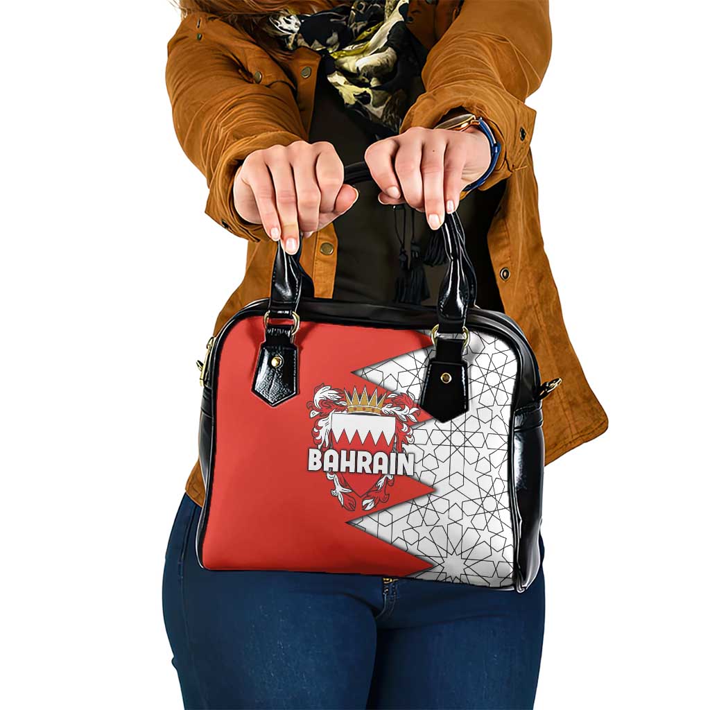 Bahrain Shield Design Shoulder Handbag with Arabesque Tile Motif in Red TS04