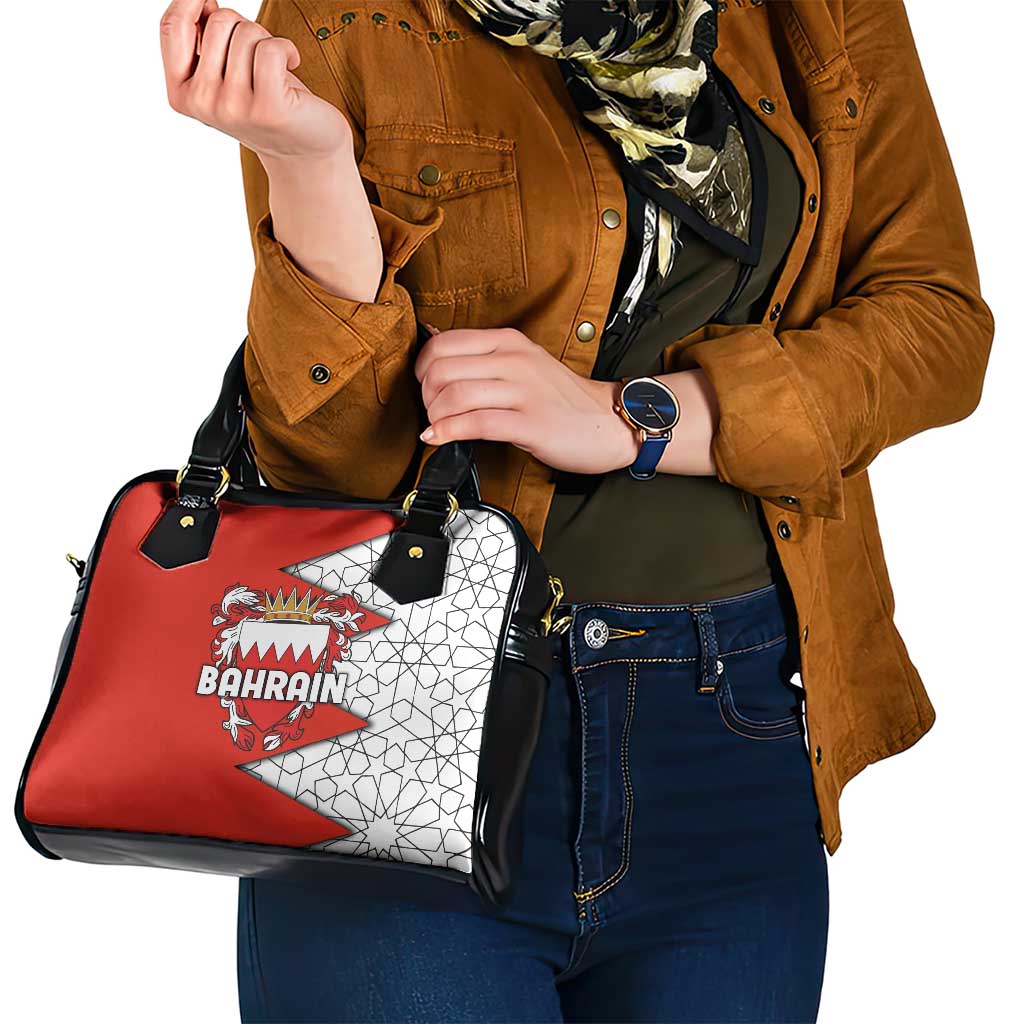 Bahrain Shield Design Shoulder Handbag with Arabesque Tile Motif in Red TS04