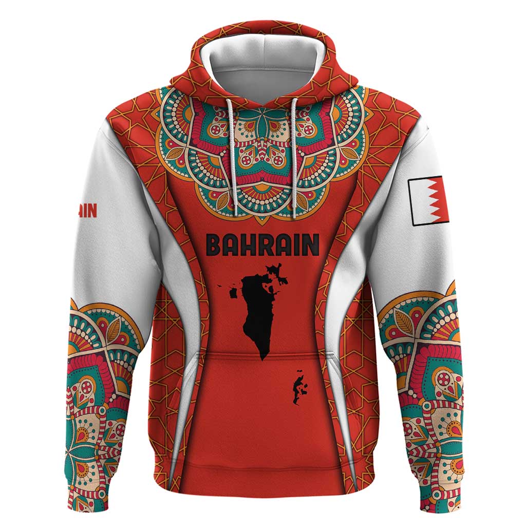 Bahrain Mandala Pattern Hoodie with National Map and Arabic Geometric Design TS04