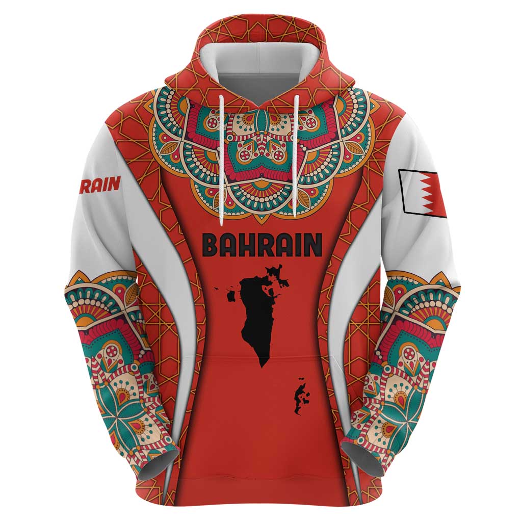 Bahrain Mandala Pattern Hoodie with National Map and Arabic Geometric Design TS04