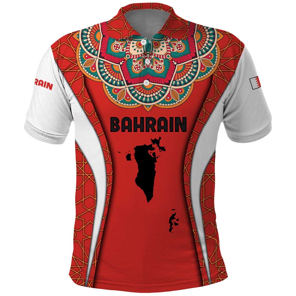 Bahrain Mandala Pattern Polo Shirt with National Map and Arabic Geometric Design TS04