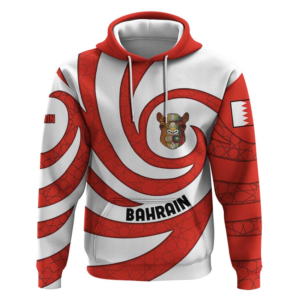 Bahrain Tribal Camel Hoodie with Red Mosaic Swirl and Heritage Slogan TS04