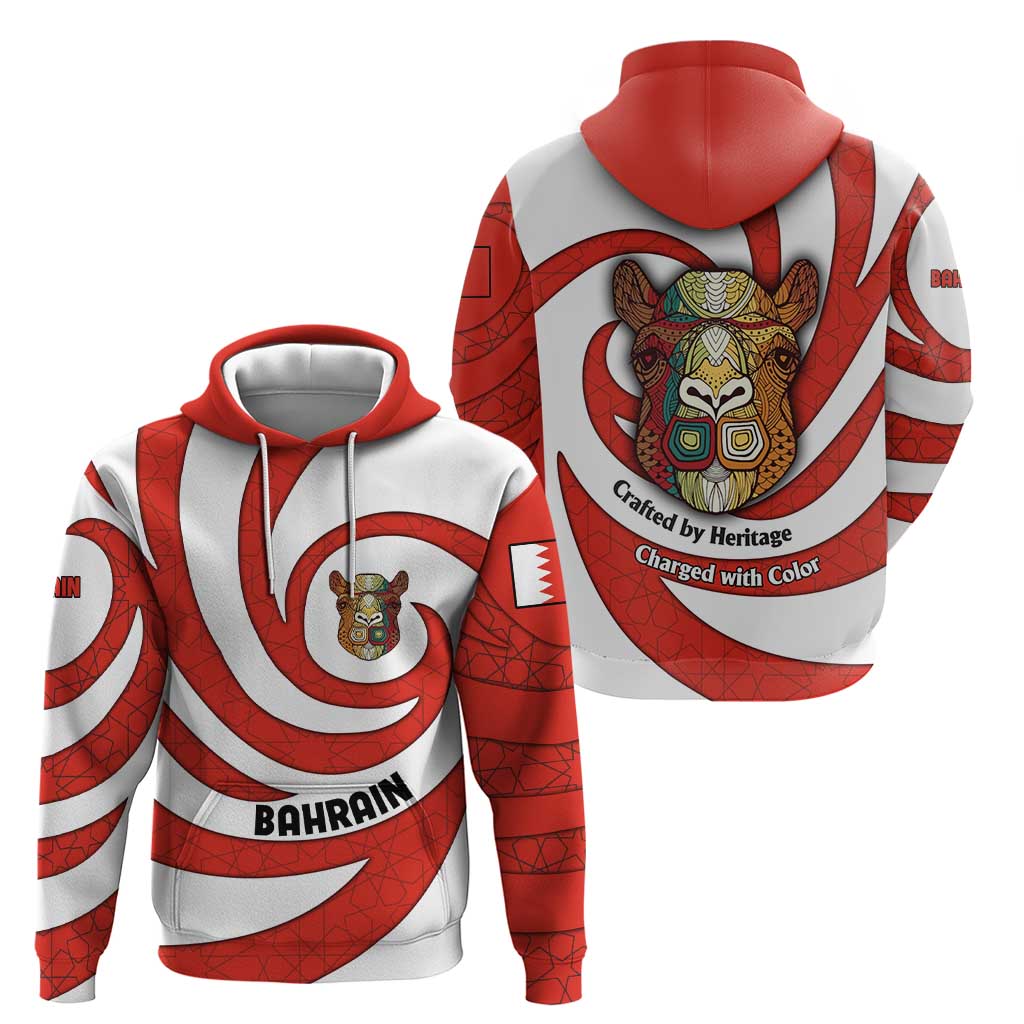 Bahrain Tribal Camel Hoodie with Red Mosaic Swirl and Heritage Slogan TS04