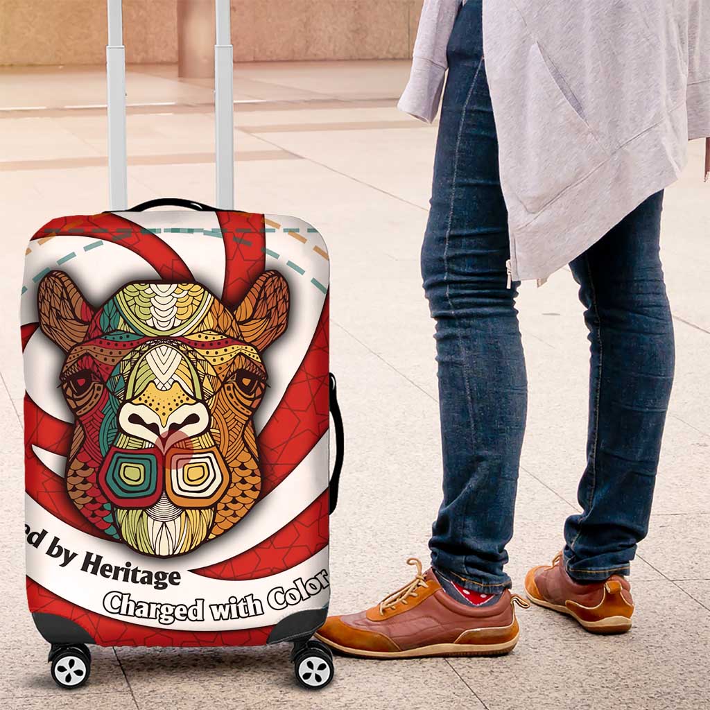 Bahrain Tribal Camel Luggage Cover with Red Mosaic Swirl and Heritage Slogan TS04