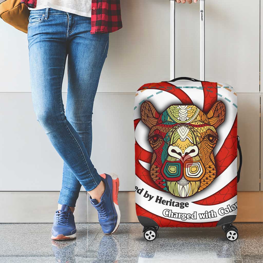 Bahrain Tribal Camel Luggage Cover with Red Mosaic Swirl and Heritage Slogan TS04
