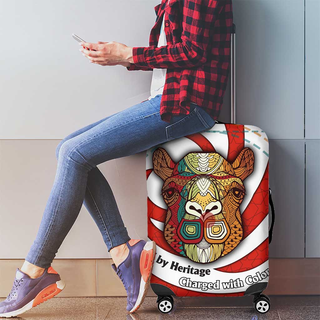 Bahrain Tribal Camel Luggage Cover with Red Mosaic Swirl and Heritage Slogan TS04