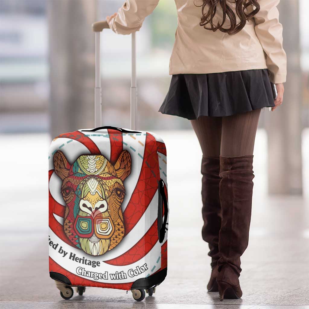 Bahrain Tribal Camel Luggage Cover with Red Mosaic Swirl and Heritage Slogan TS04