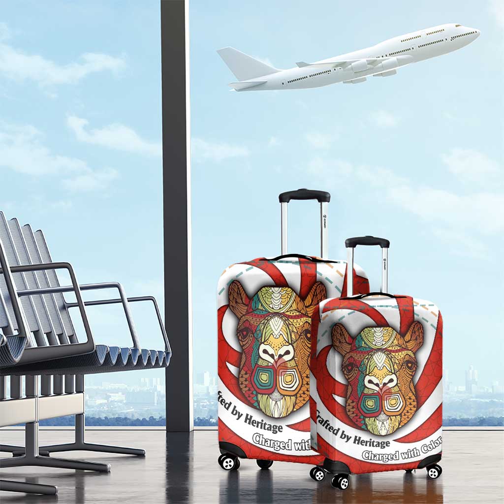 Bahrain Tribal Camel Luggage Cover with Red Mosaic Swirl and Heritage Slogan TS04