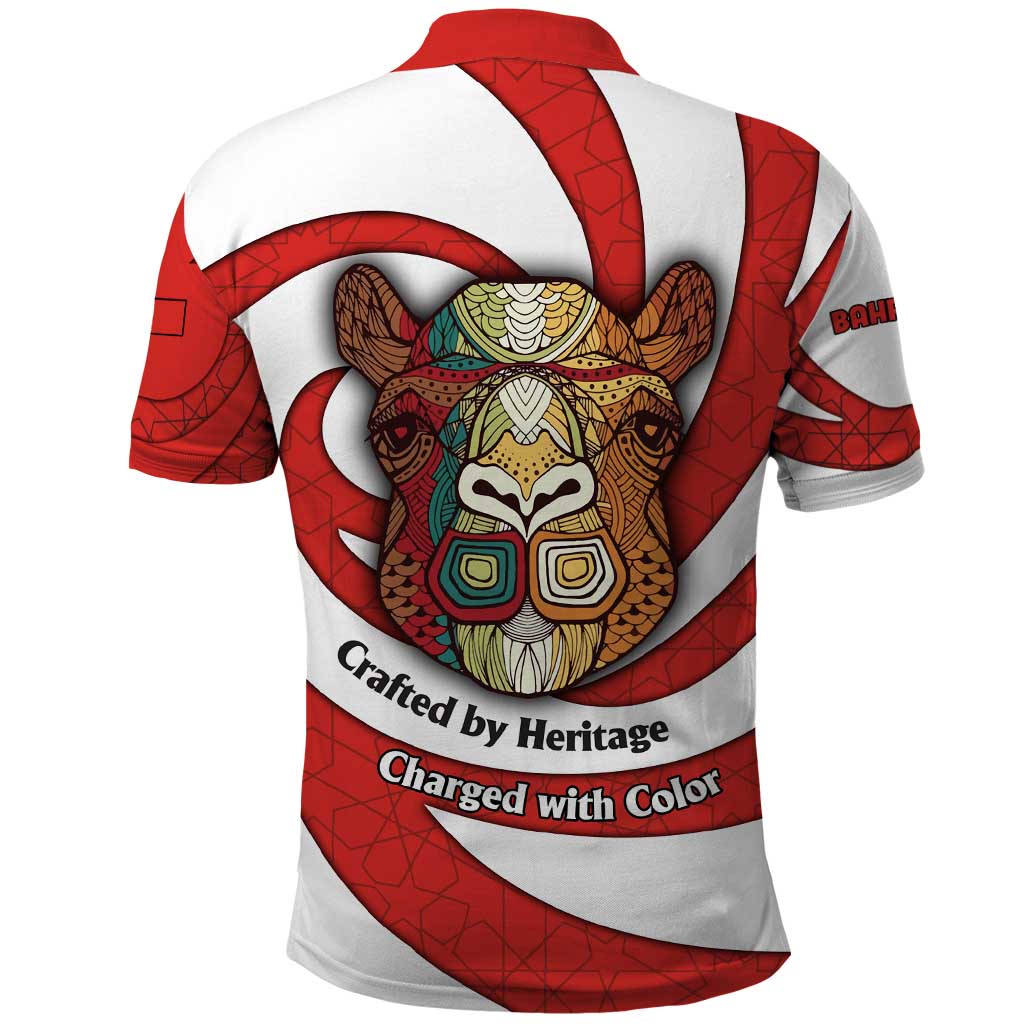 Bahrain Tribal Camel Polo Shirt with Red Mosaic Swirl and Heritage Slogan TS04