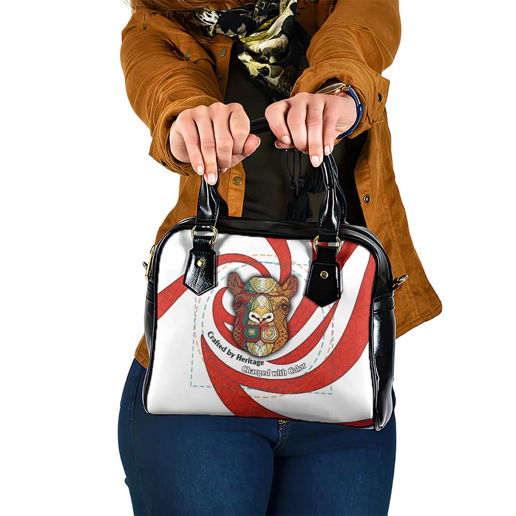 Bahrain Tribal Camel Shoulder Handbag with Red Mosaic Swirl and Heritage Slogan TS04