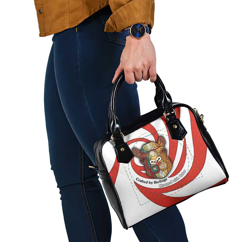 Bahrain Tribal Camel Shoulder Handbag with Red Mosaic Swirl and Heritage Slogan TS04