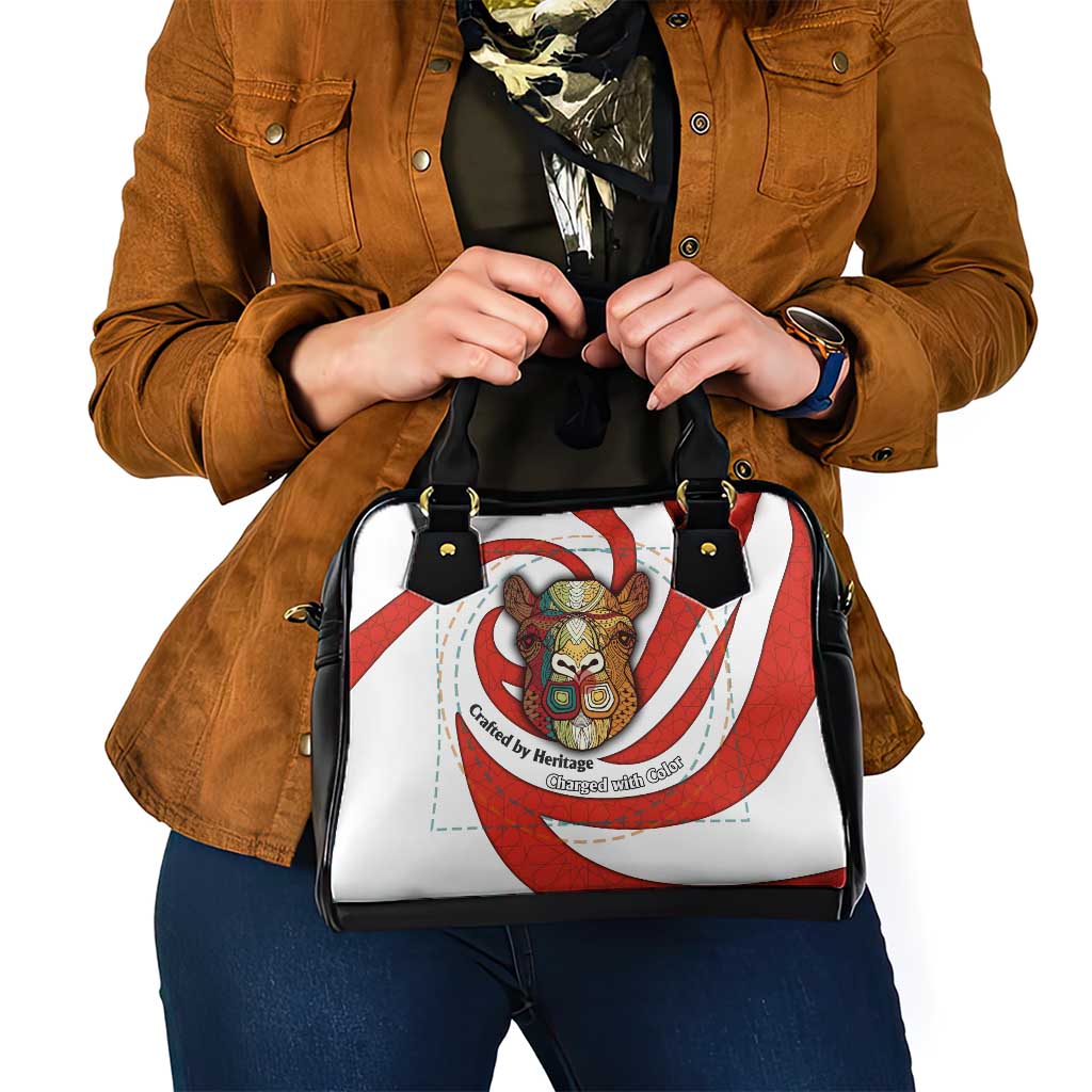 Bahrain Tribal Camel Shoulder Handbag with Red Mosaic Swirl and Heritage Slogan TS04