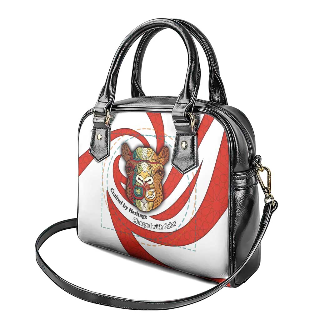 Bahrain Tribal Camel Shoulder Handbag with Red Mosaic Swirl and Heritage Slogan TS04