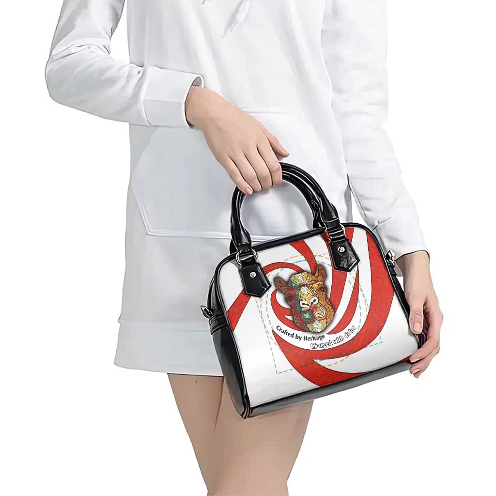 Bahrain Tribal Camel Shoulder Handbag with Red Mosaic Swirl and Heritage Slogan TS04