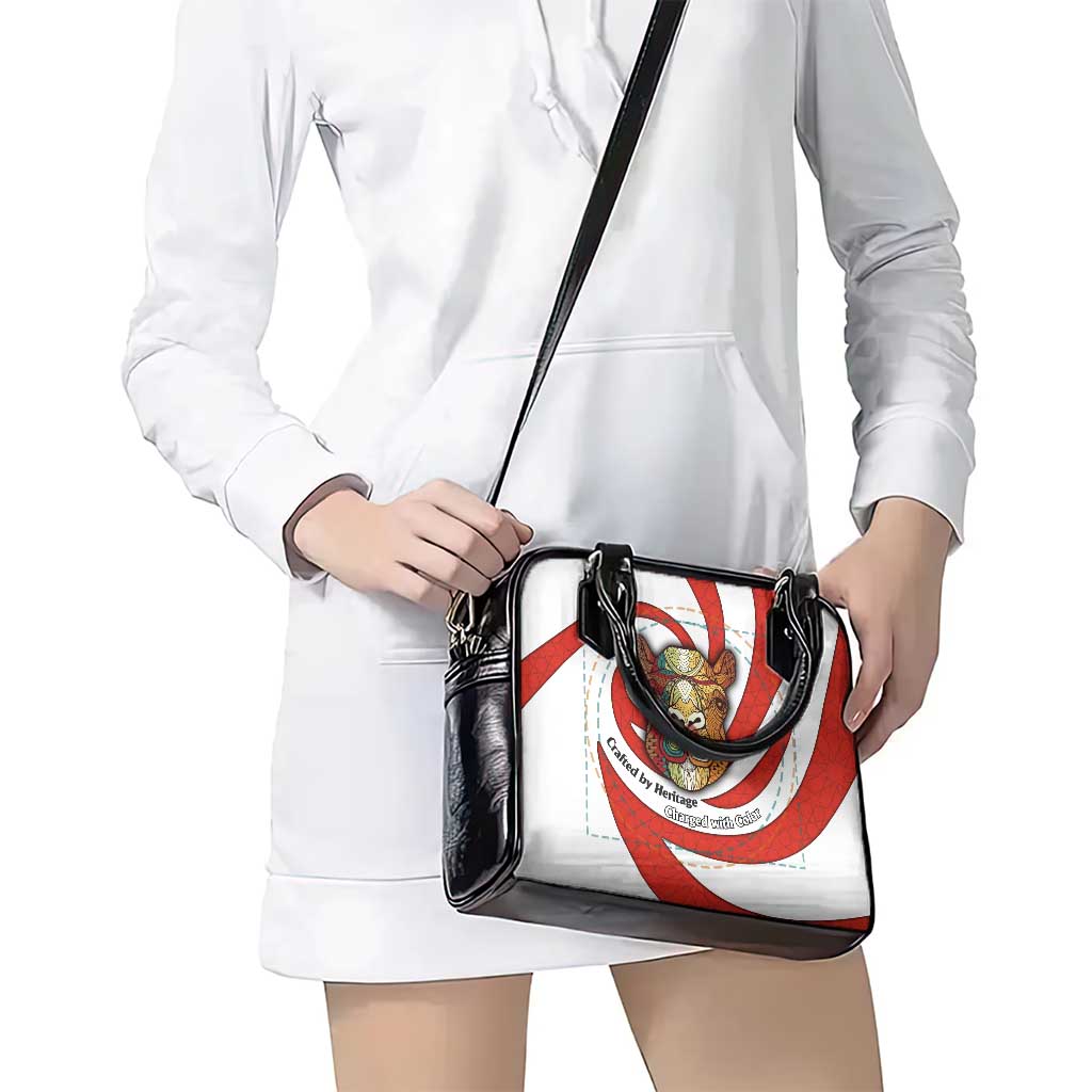Bahrain Tribal Camel Shoulder Handbag with Red Mosaic Swirl and Heritage Slogan TS04