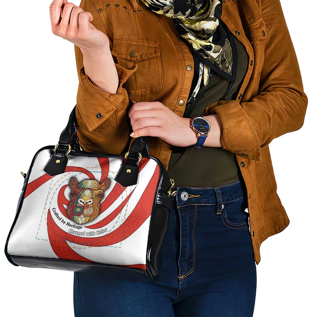 Bahrain Tribal Camel Shoulder Handbag with Red Mosaic Swirl and Heritage Slogan TS04