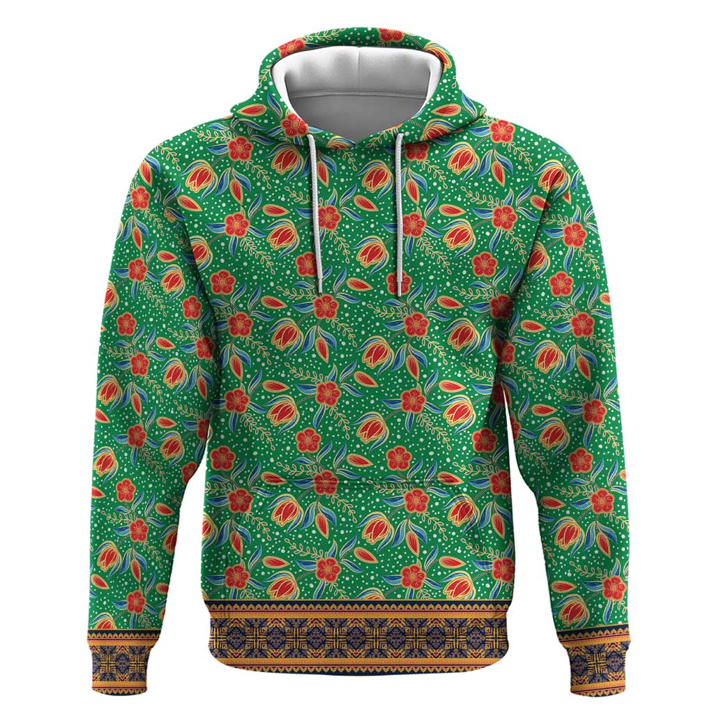 Traditional Malaysian Batik Floral Hoodie with Green Tulip and Red Blossom Pattern TS04