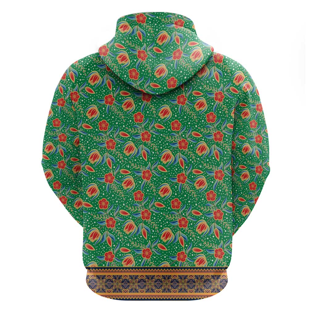 Traditional Malaysian Batik Floral Hoodie with Green Tulip and Red Blossom Pattern TS04
