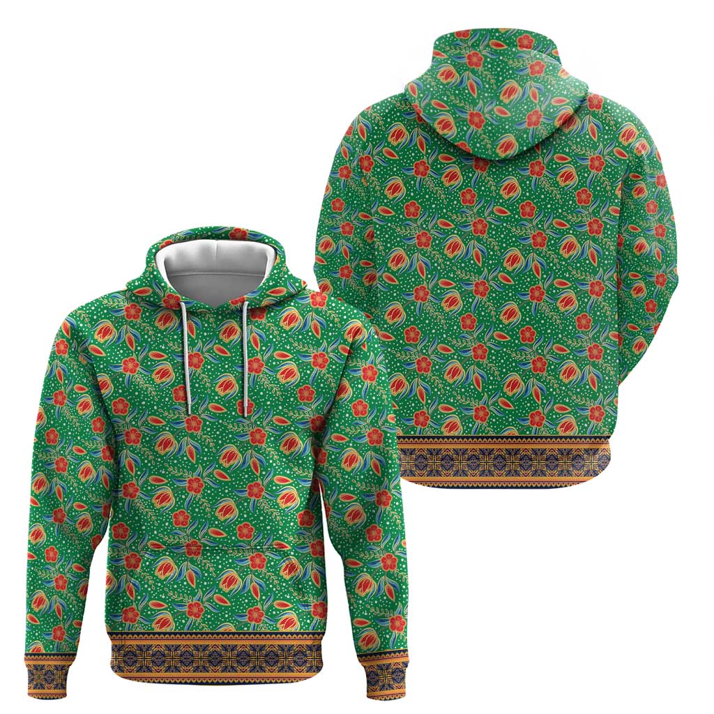 Traditional Malaysian Batik Floral Hoodie with Green Tulip and Red Blossom Pattern TS04