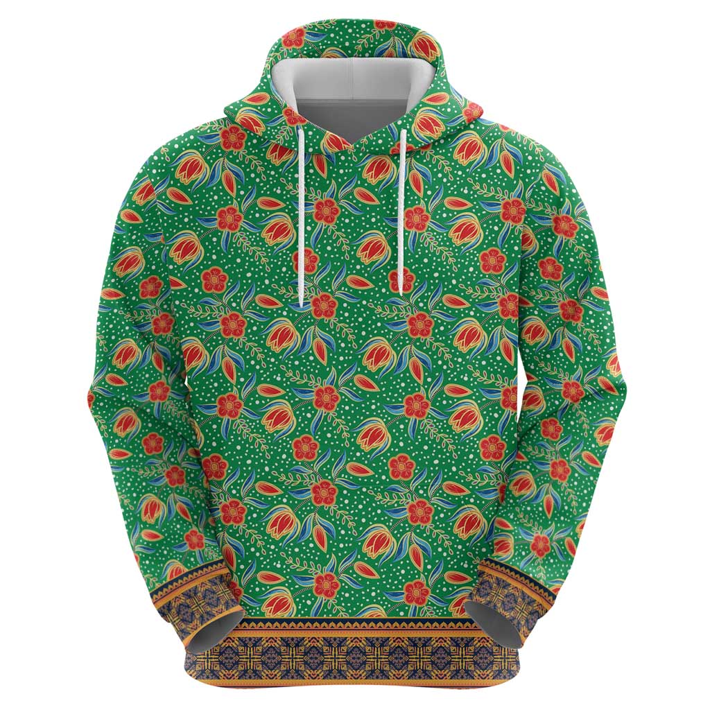 Traditional Malaysian Batik Floral Hoodie with Green Tulip and Red Blossom Pattern TS04