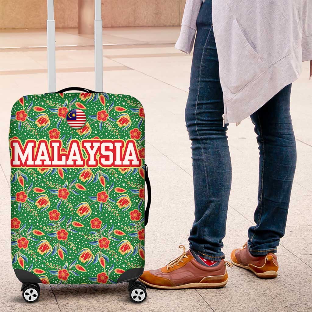 Traditional Malaysian Batik Floral Luggage Cover with Green Tulip and Red Blossom Pattern TS04
