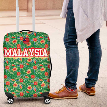 Traditional Malaysian Batik Floral Luggage Cover with Green Tulip and Red Blossom Pattern TS04