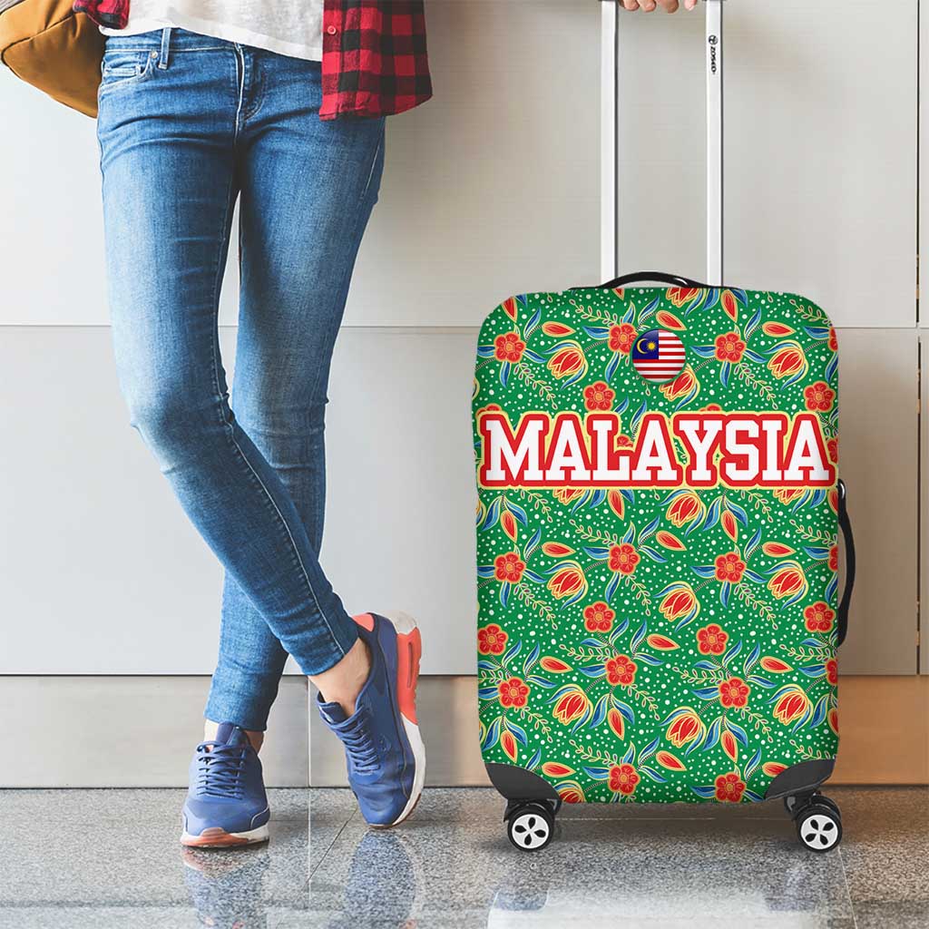 Traditional Malaysian Batik Floral Luggage Cover with Green Tulip and Red Blossom Pattern TS04