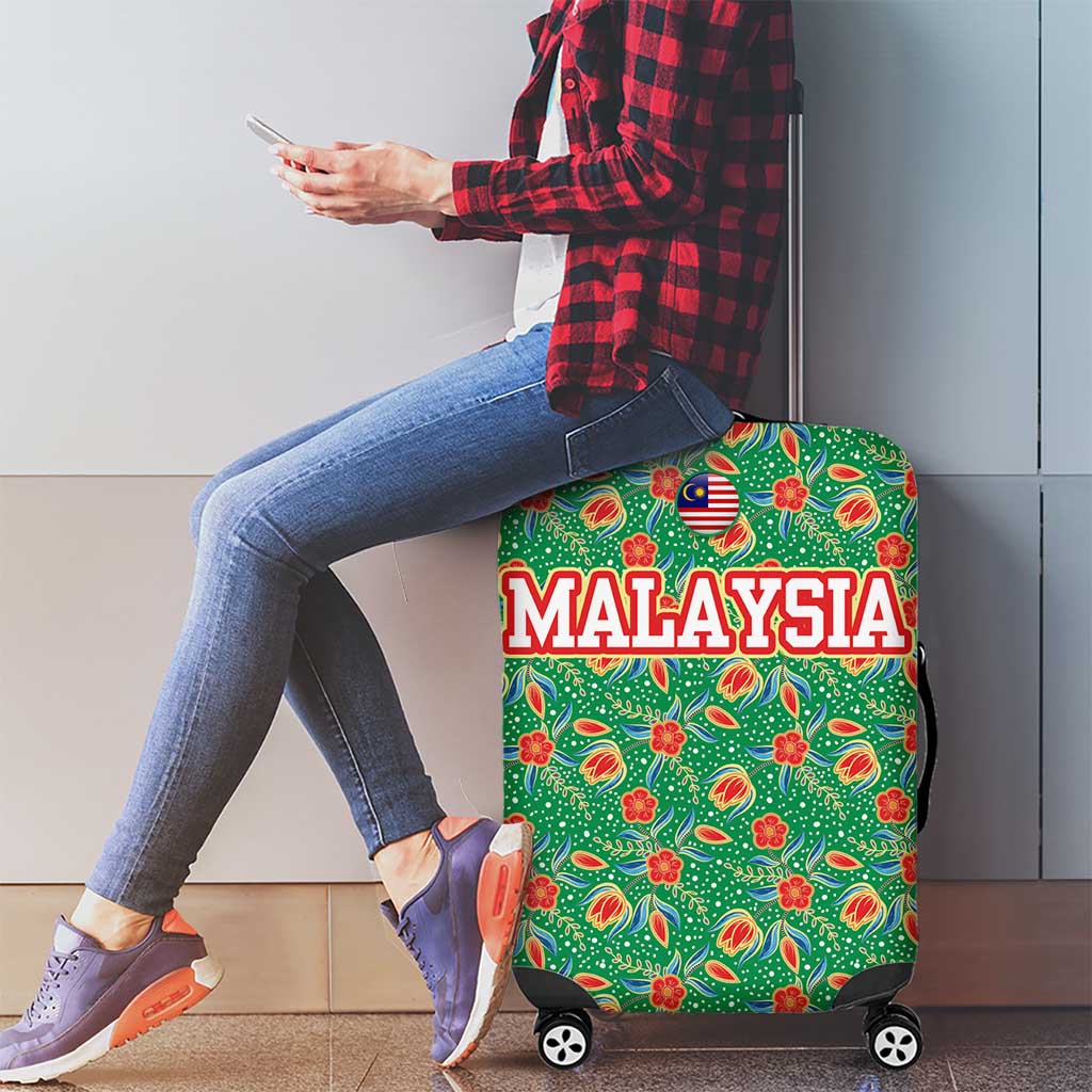 Traditional Malaysian Batik Floral Luggage Cover with Green Tulip and Red Blossom Pattern TS04