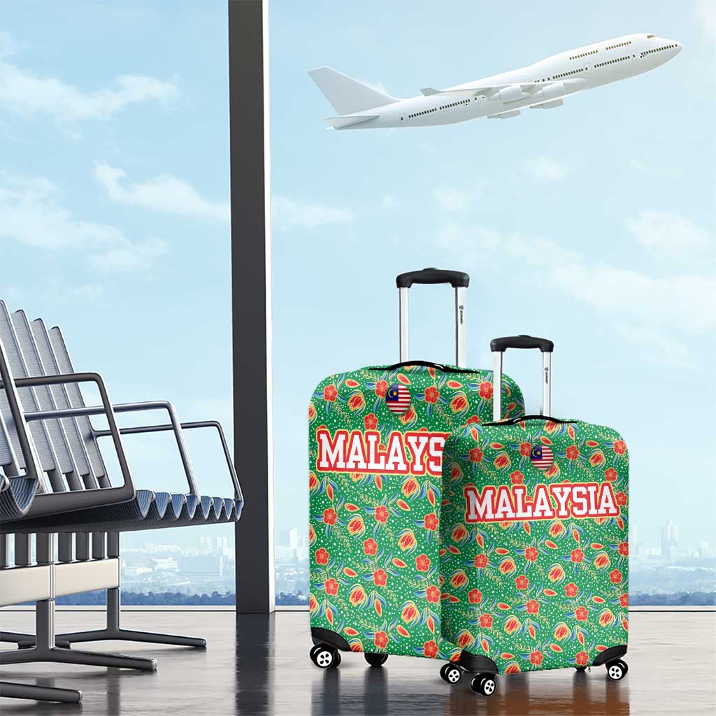 Traditional Malaysian Batik Floral Luggage Cover with Green Tulip and Red Blossom Pattern TS04