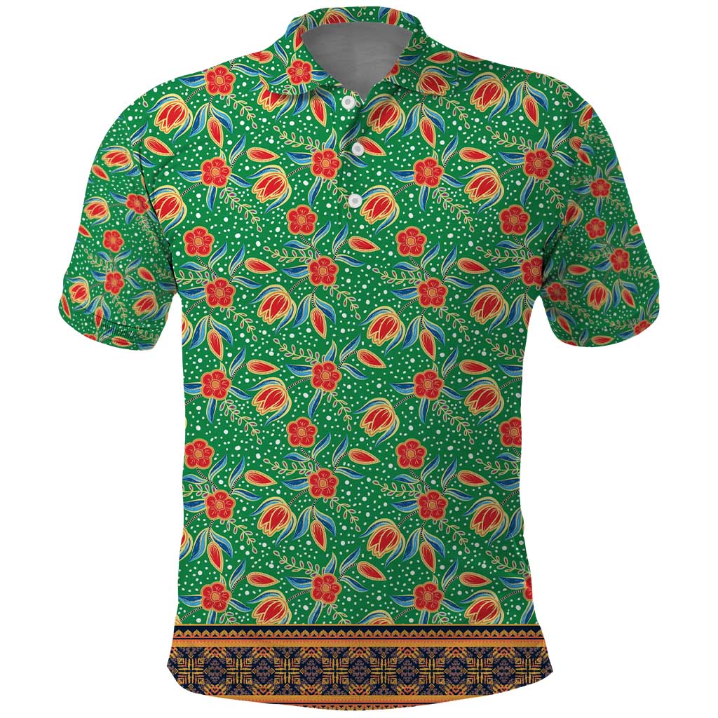 Traditional Malaysian Batik Floral Polo Shirt with Green Tulip and Red Blossom Pattern TS04