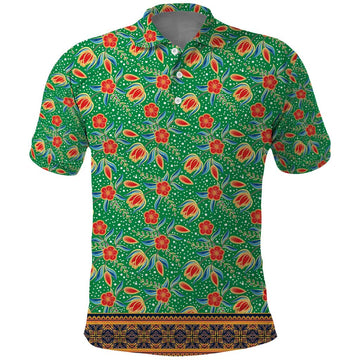 Traditional Malaysian Batik Floral Polo Shirt with Green Tulip and Red Blossom Pattern TS04