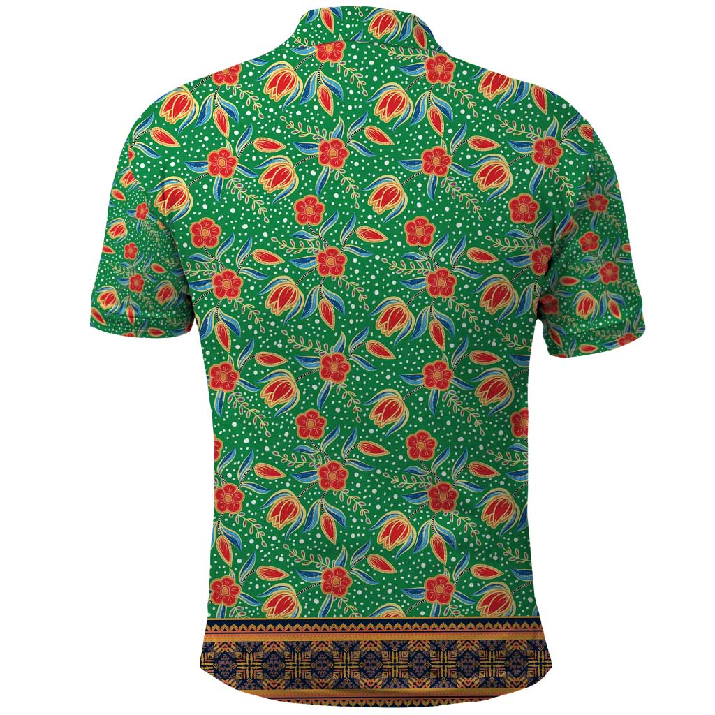 Traditional Malaysian Batik Floral Polo Shirt with Green Tulip and Red Blossom Pattern TS04