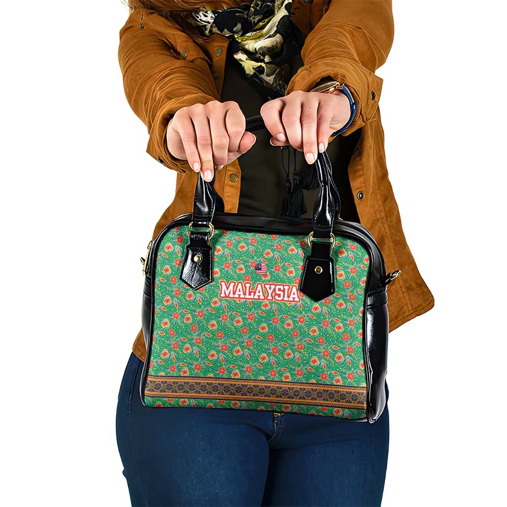 Traditional Malaysian Batik Floral Shoulder Handbag with Green Tulip and Red Blossom Pattern TS04