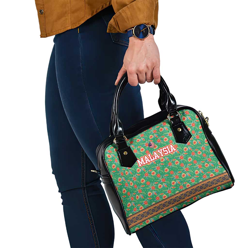 Traditional Malaysian Batik Floral Shoulder Handbag with Green Tulip and Red Blossom Pattern TS04
