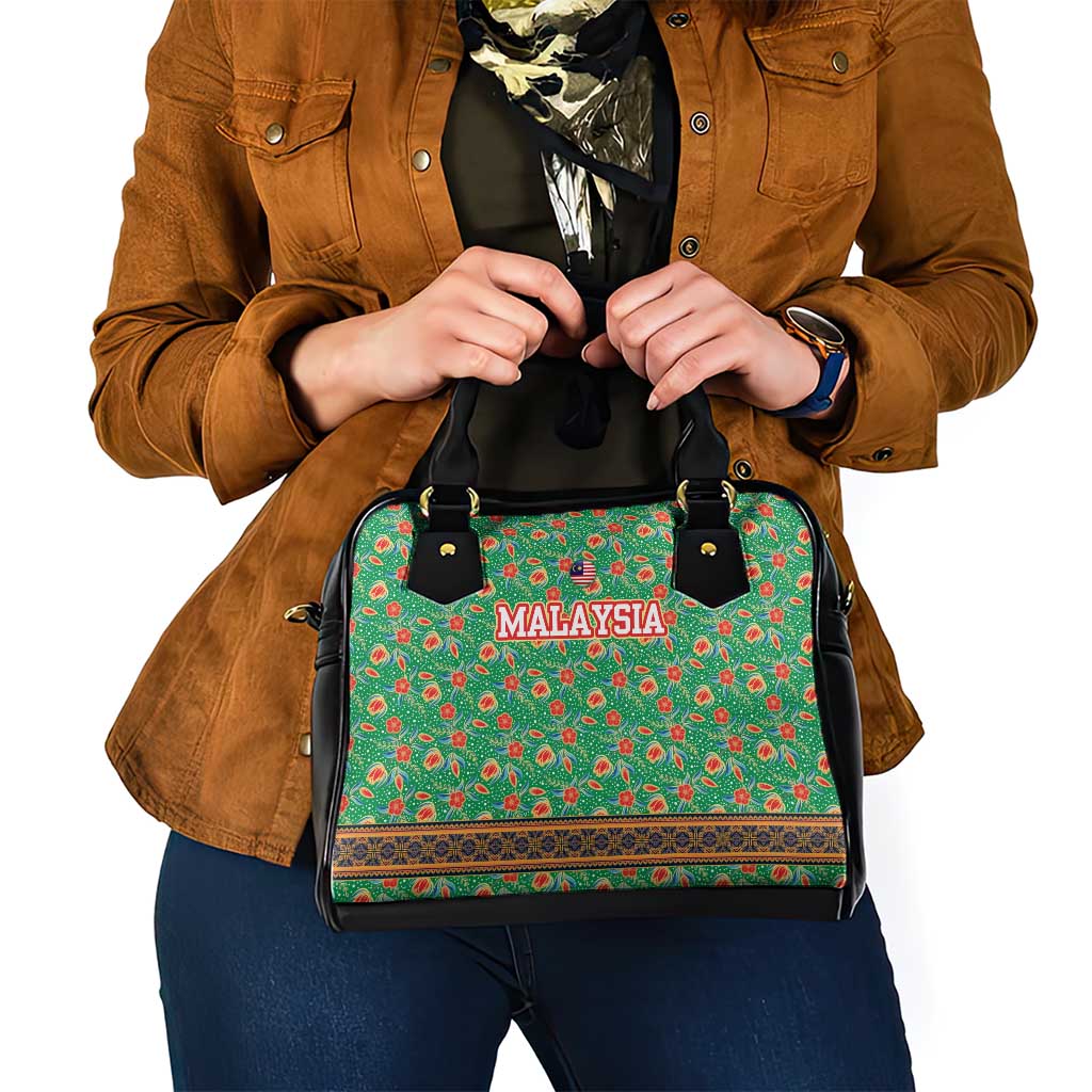 Traditional Malaysian Batik Floral Shoulder Handbag with Green Tulip and Red Blossom Pattern TS04