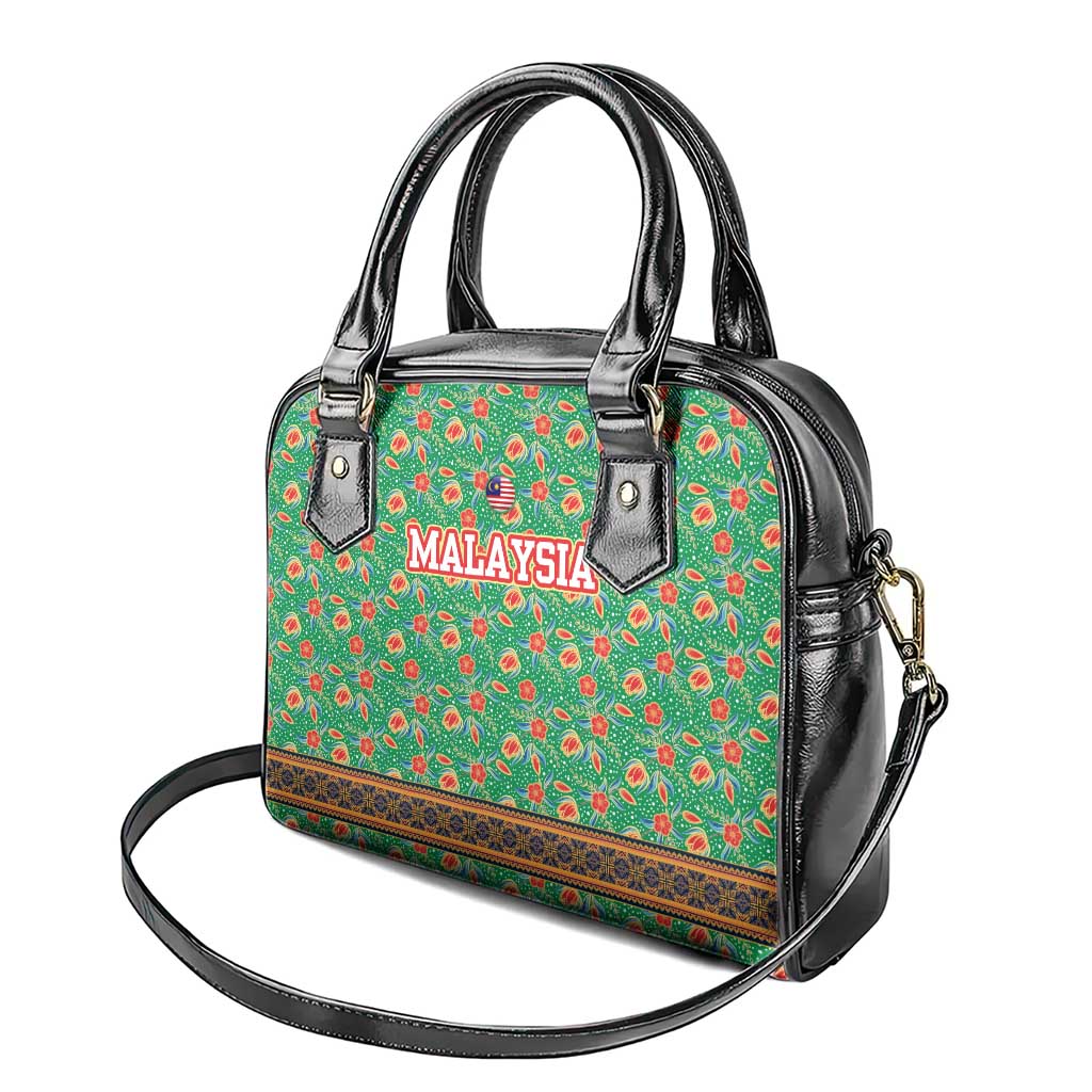 Traditional Malaysian Batik Floral Shoulder Handbag with Green Tulip and Red Blossom Pattern TS04