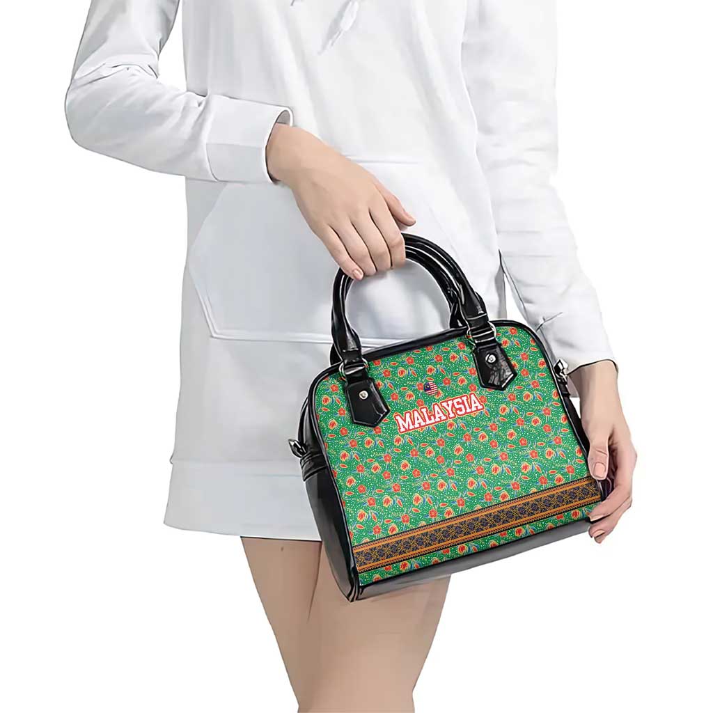 Traditional Malaysian Batik Floral Shoulder Handbag with Green Tulip and Red Blossom Pattern TS04