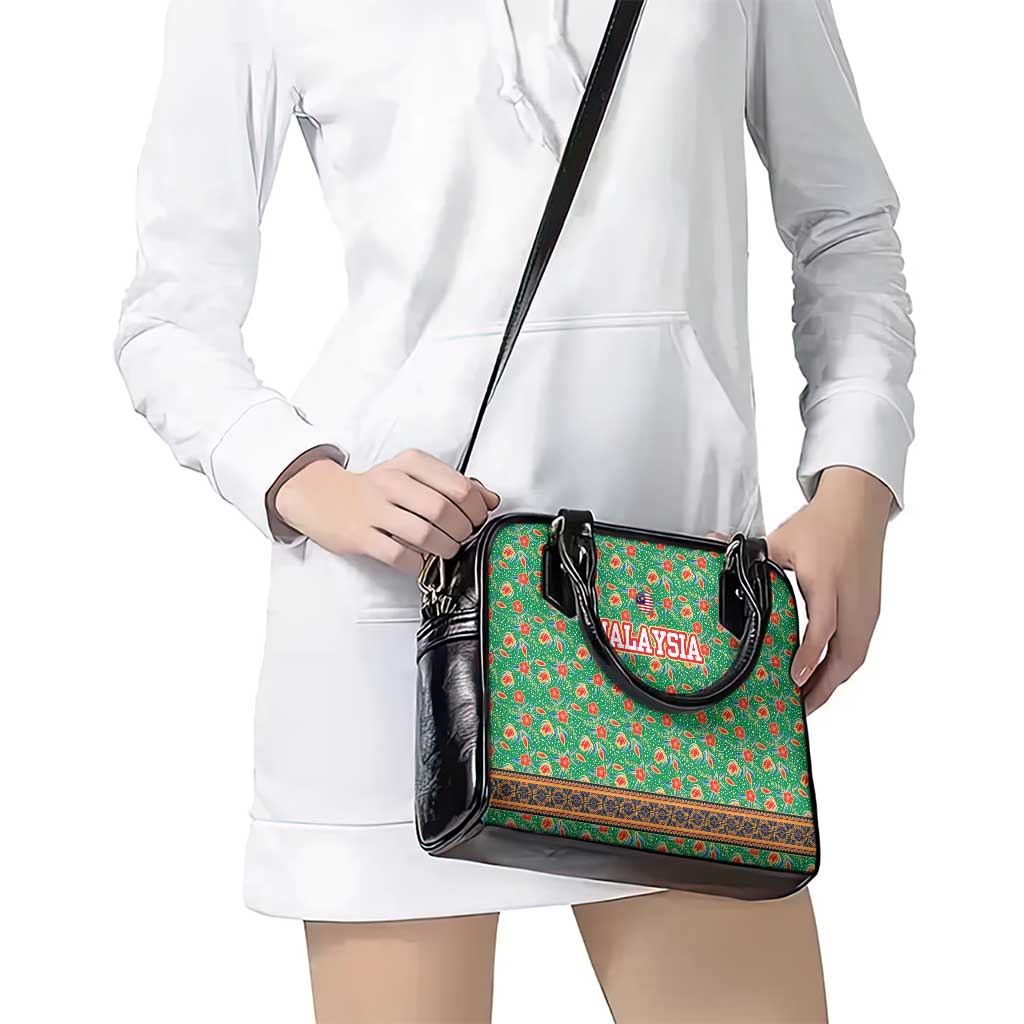 Traditional Malaysian Batik Floral Shoulder Handbag with Green Tulip and Red Blossom Pattern TS04