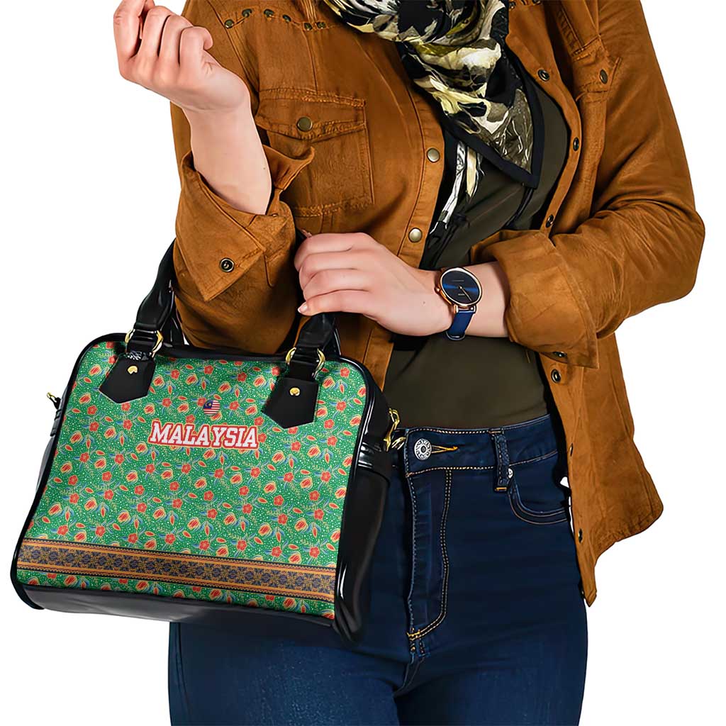 Traditional Malaysian Batik Floral Shoulder Handbag with Green Tulip and Red Blossom Pattern TS04