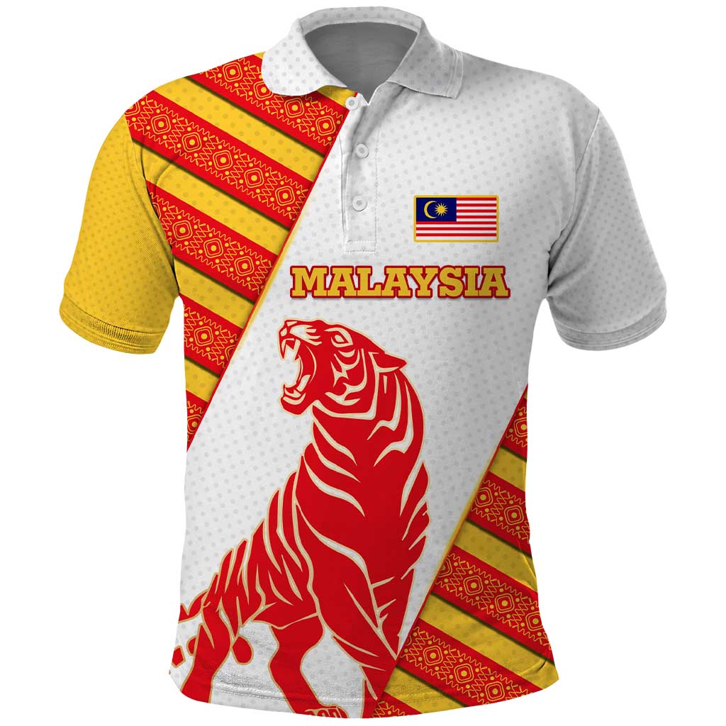 Malaysia National Crest Polo Shirt with Red Tiger and Traditional Batik Yellow White TS04
