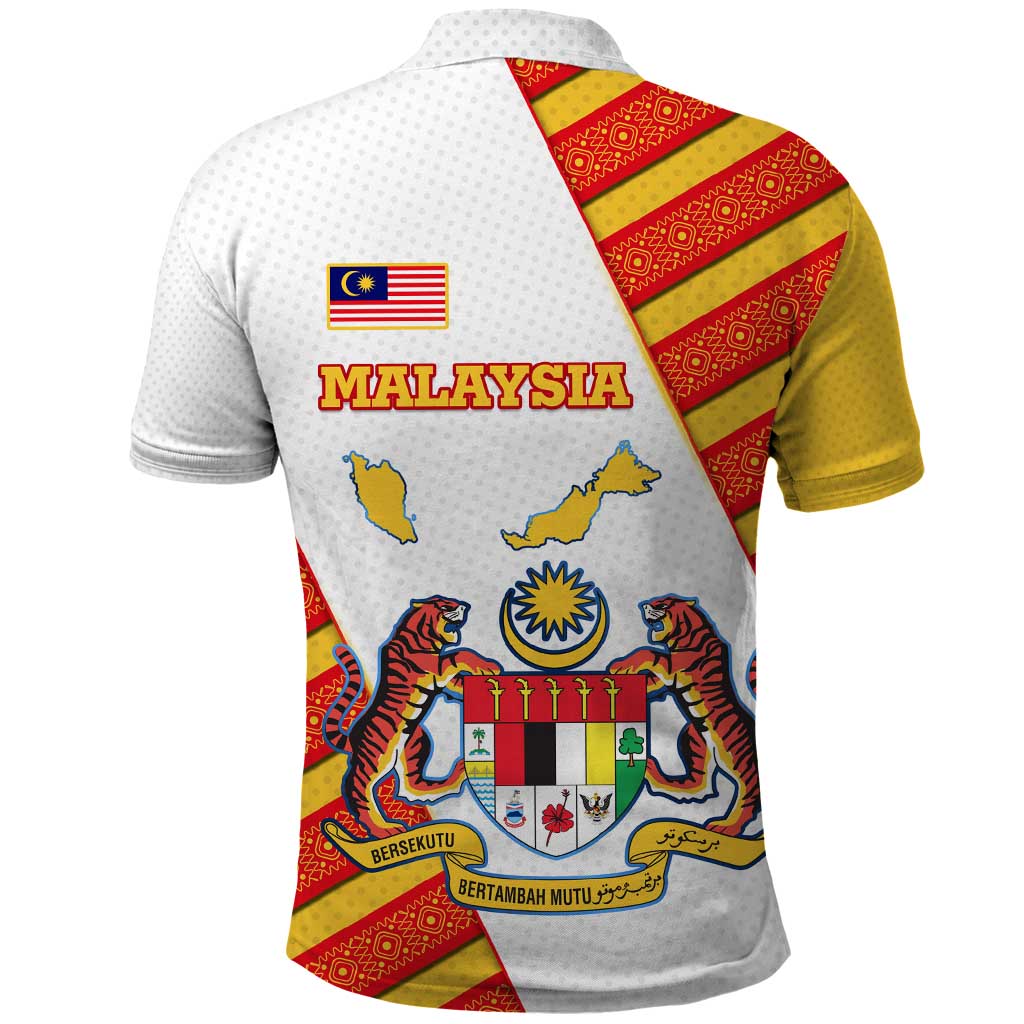 Malaysia National Crest Polo Shirt with Red Tiger and Traditional Batik Yellow White TS04