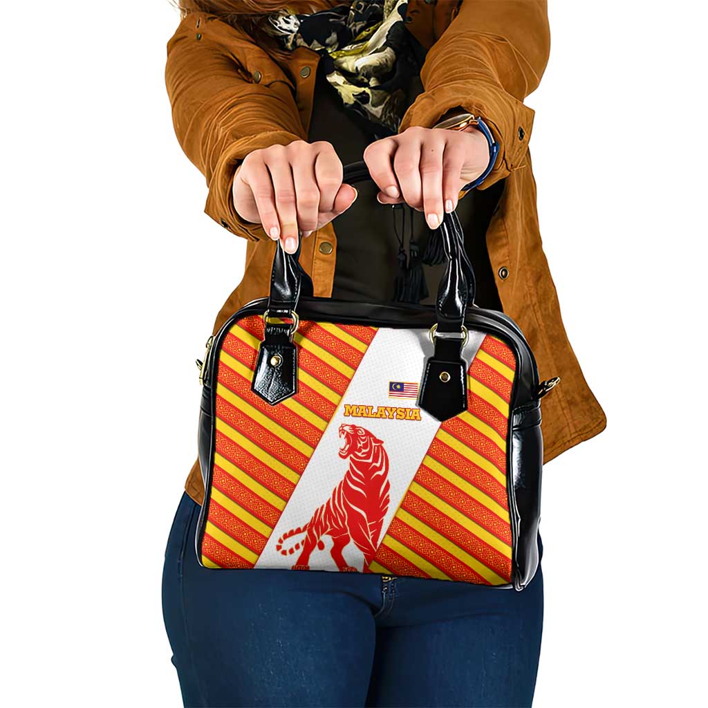 Malaysia National Crest Shoulder Handbag with Red Tiger and Traditional Batik Yellow White TS04