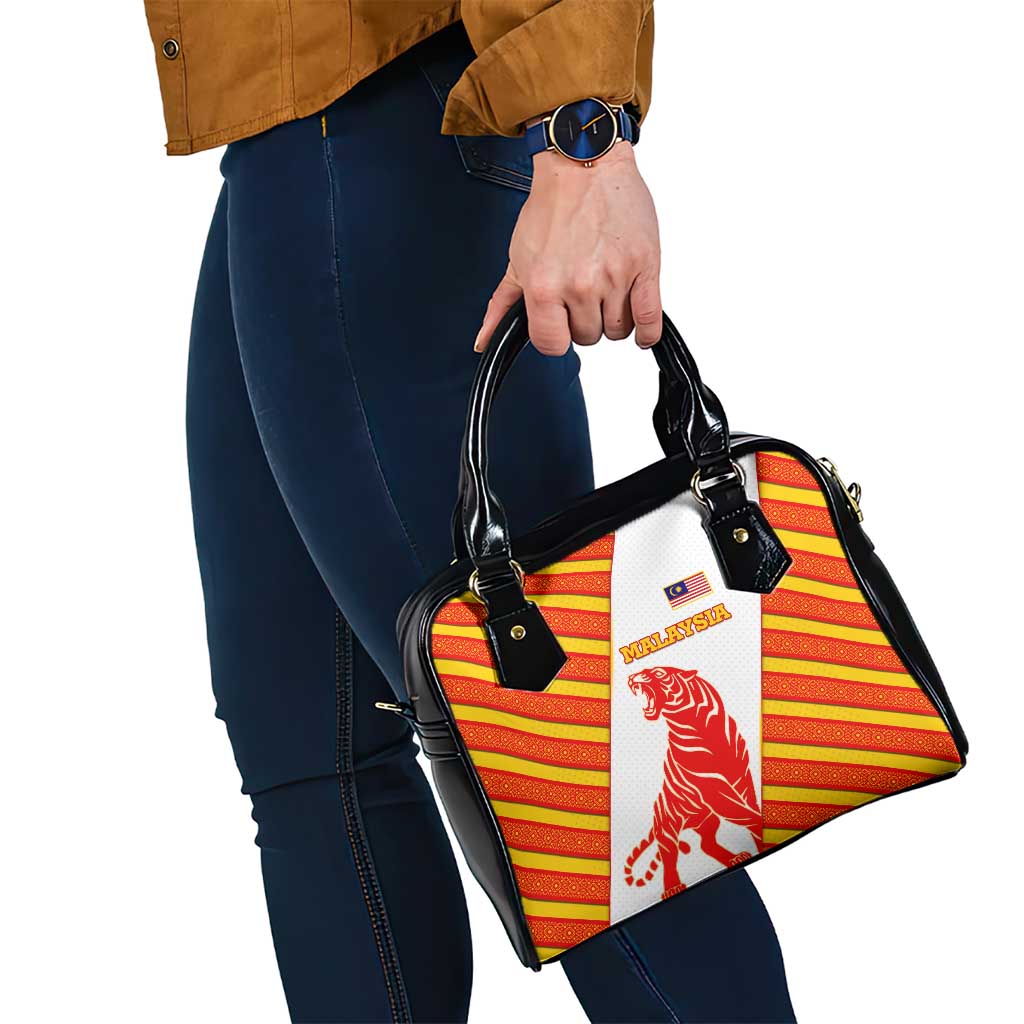 Malaysia National Crest Shoulder Handbag with Red Tiger and Traditional Batik Yellow White TS04