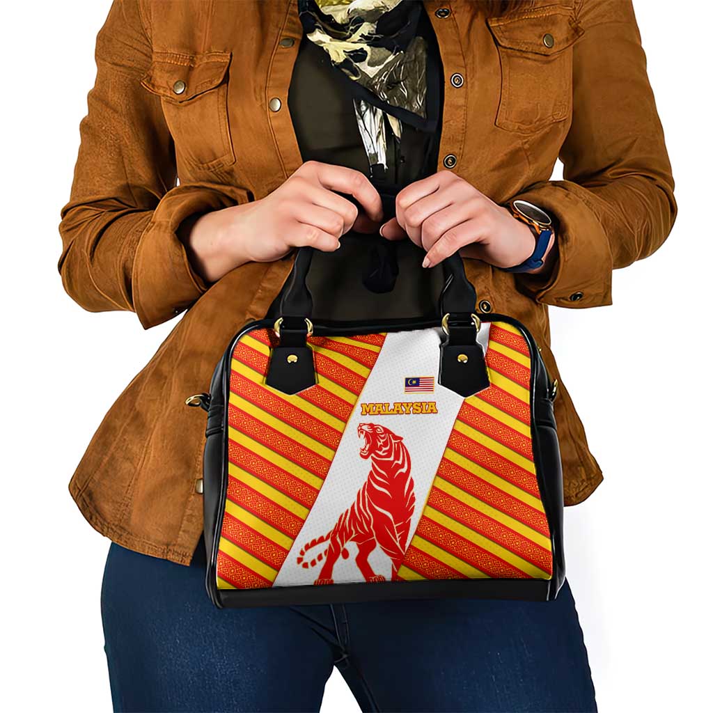 Malaysia National Crest Shoulder Handbag with Red Tiger and Traditional Batik Yellow White TS04