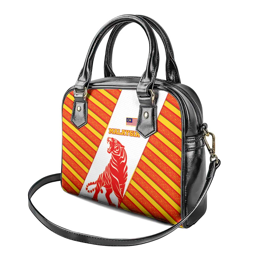 Malaysia National Crest Shoulder Handbag with Red Tiger and Traditional Batik Yellow White TS04